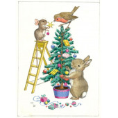 Postcard A family of mice playing around the christmas tree  (Molly Brett)