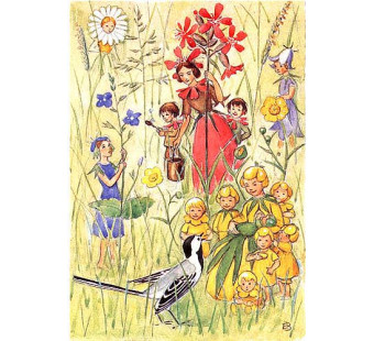 Postcard flowery party (Elsa Beskow)